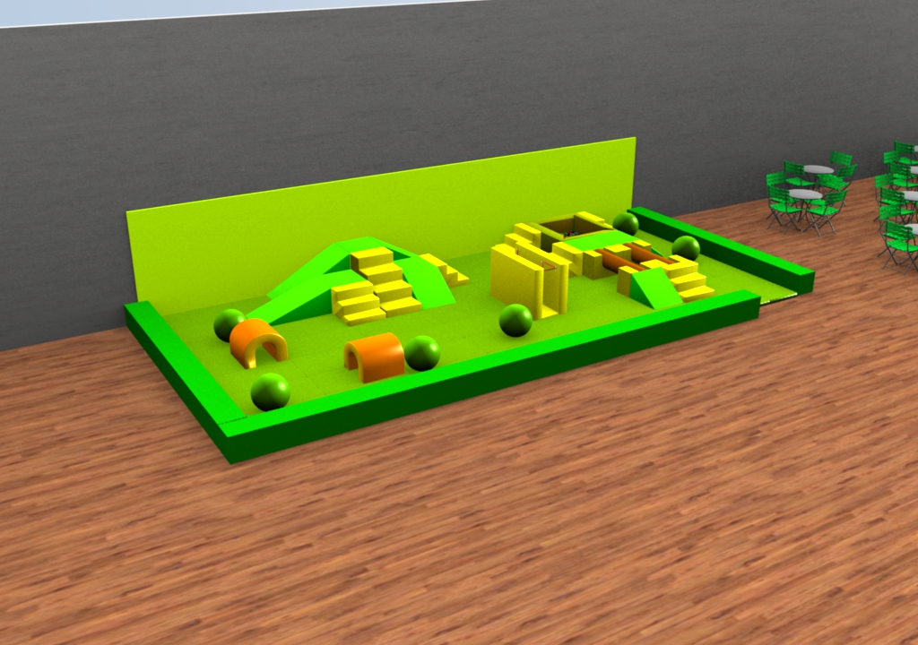 Parcours Modulo Mouss' : 11.2 x 5.25 x 0.85 m dimensions avec murets (REF MM 12-07-1)